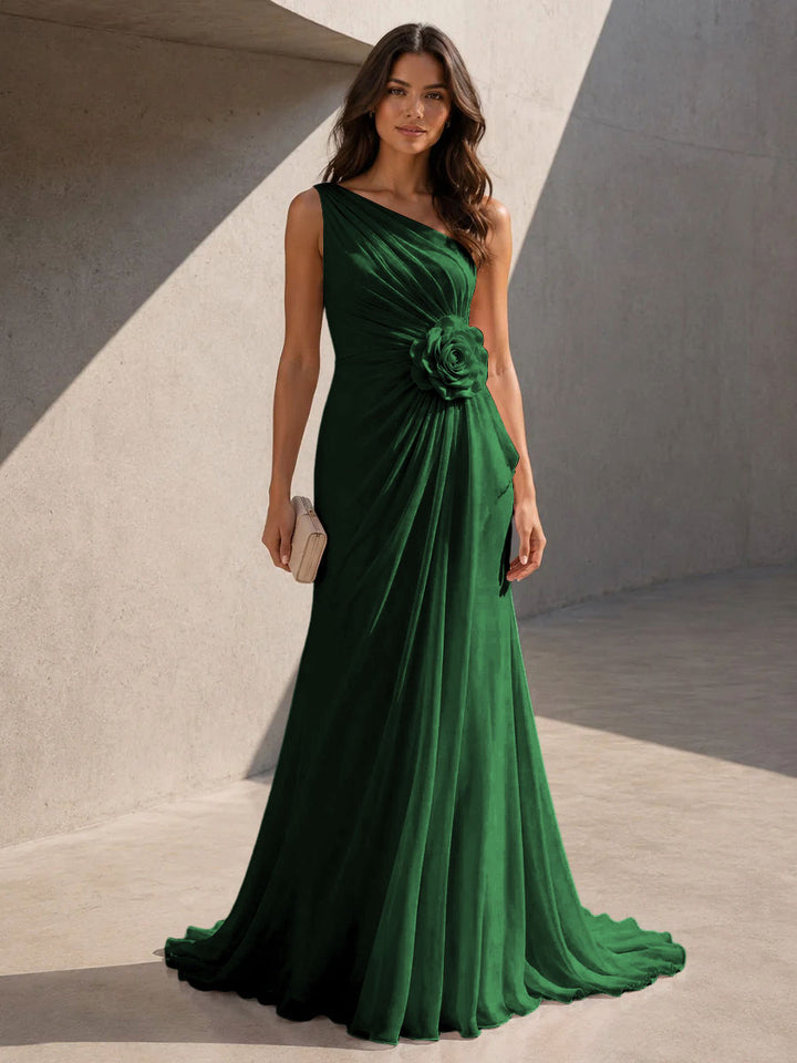 Chiffon A Line One Shoulder 3D Flowers Ruched Formal Dresses for Women