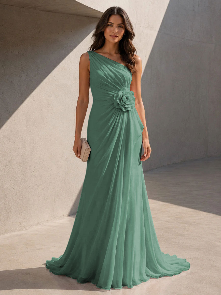 Chiffon A Line One Shoulder 3D Flowers Ruched Formal Dresses for Women