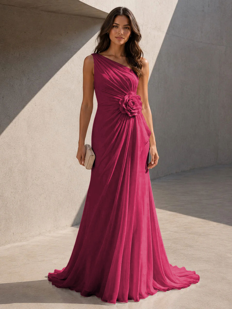 Chiffon A Line One Shoulder 3D Flowers Ruched Formal Dresses for Women