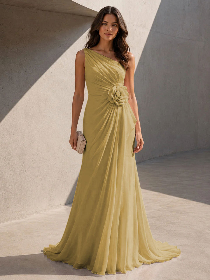 Chiffon A Line One Shoulder 3D Flowers Ruched Formal Dresses for Women
