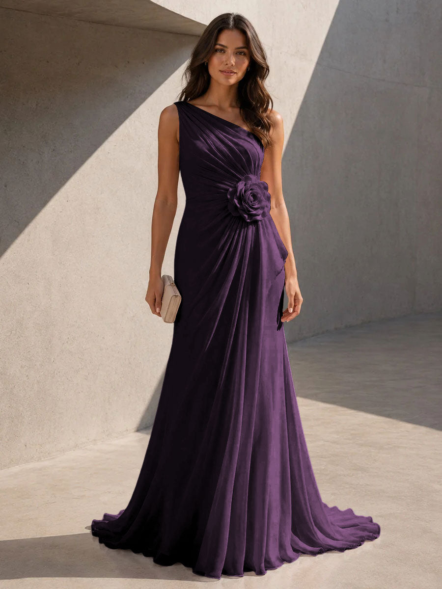 Chiffon A Line One Shoulder 3D Flowers Ruched Formal Dresses for Women