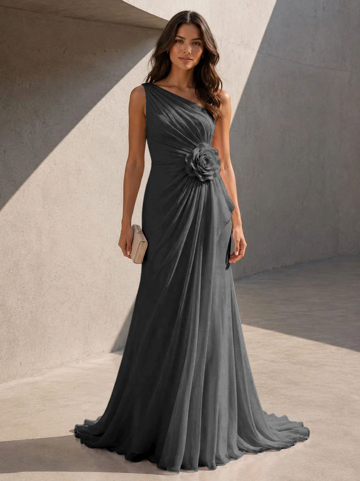 Chiffon A Line One Shoulder 3D Flowers Ruched Formal Dresses for Women