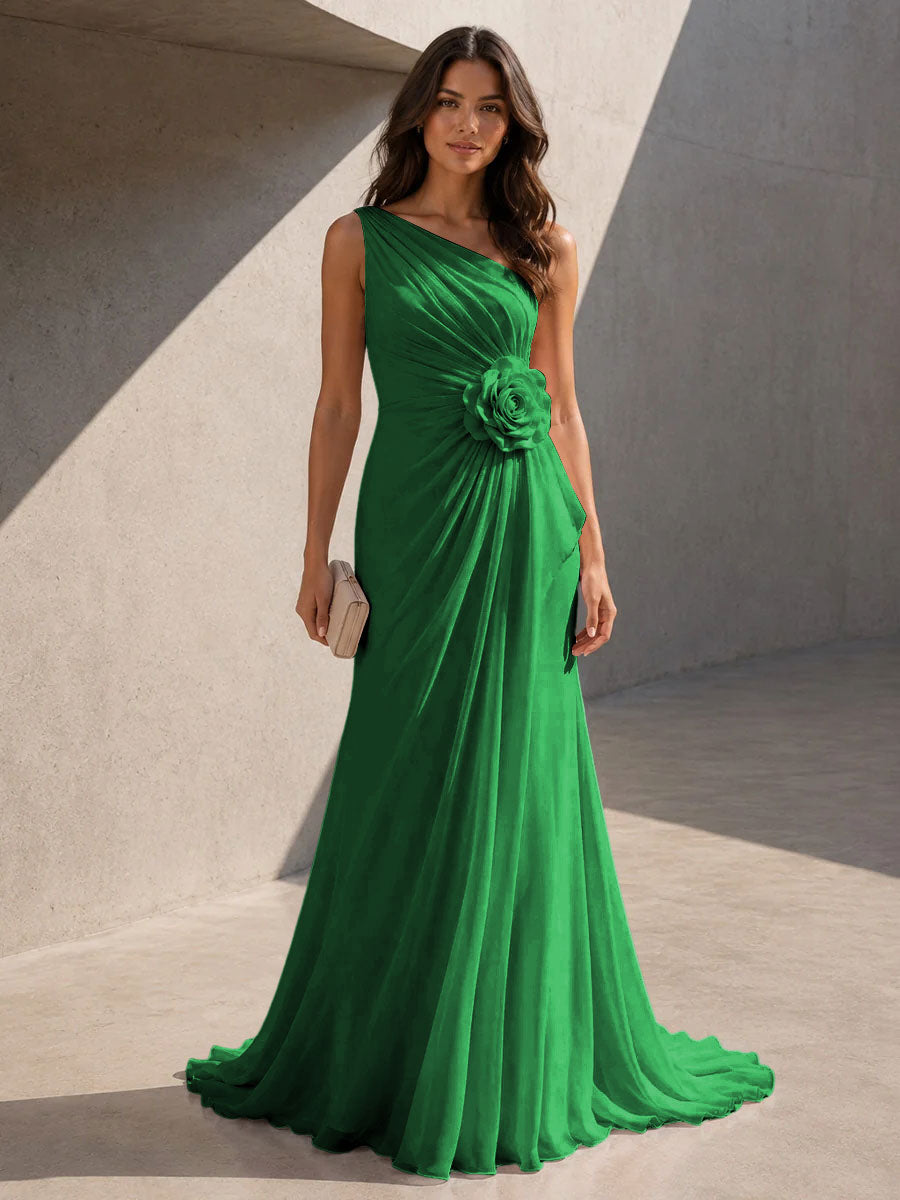 Chiffon A Line One Shoulder 3D Flowers Ruched Formal Dresses for Women