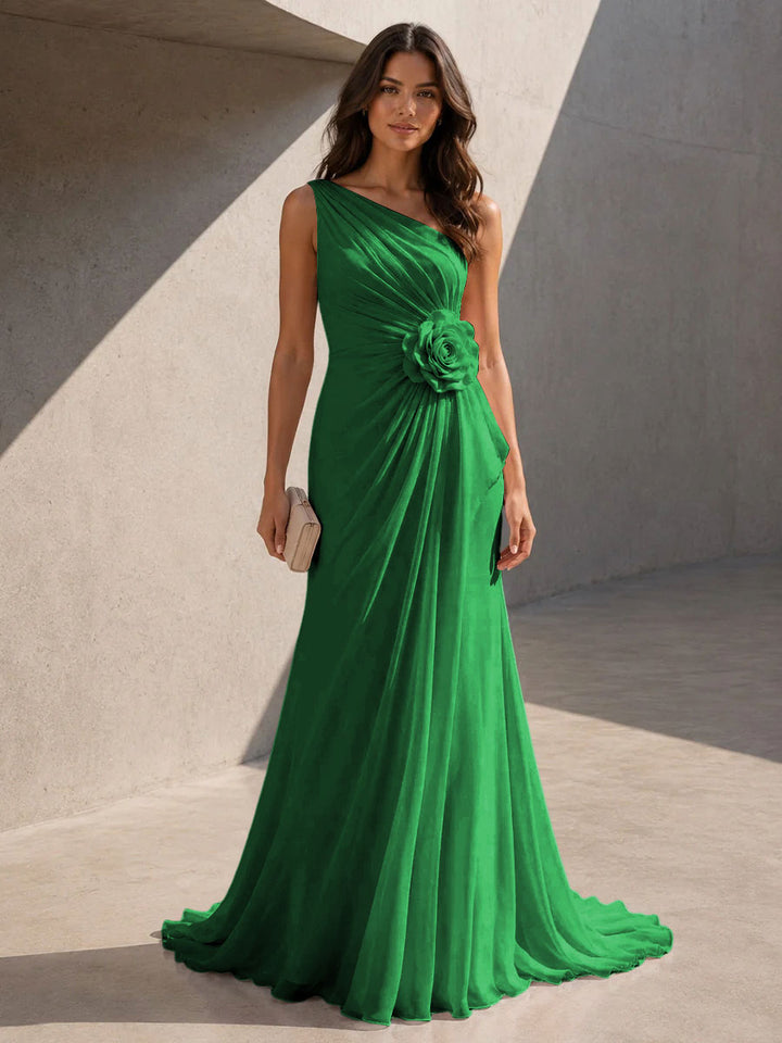 Chiffon A Line One Shoulder 3D Flowers Ruched Formal Dresses for Women