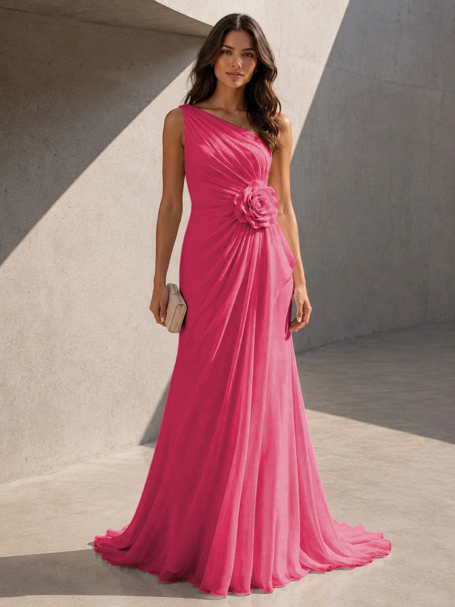 Chiffon A Line One Shoulder 3D Flowers Ruched Formal Dresses for Women