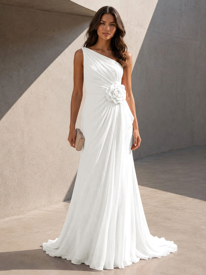 Chiffon A Line One Shoulder 3D Flowers Ruched Formal Dresses for Women