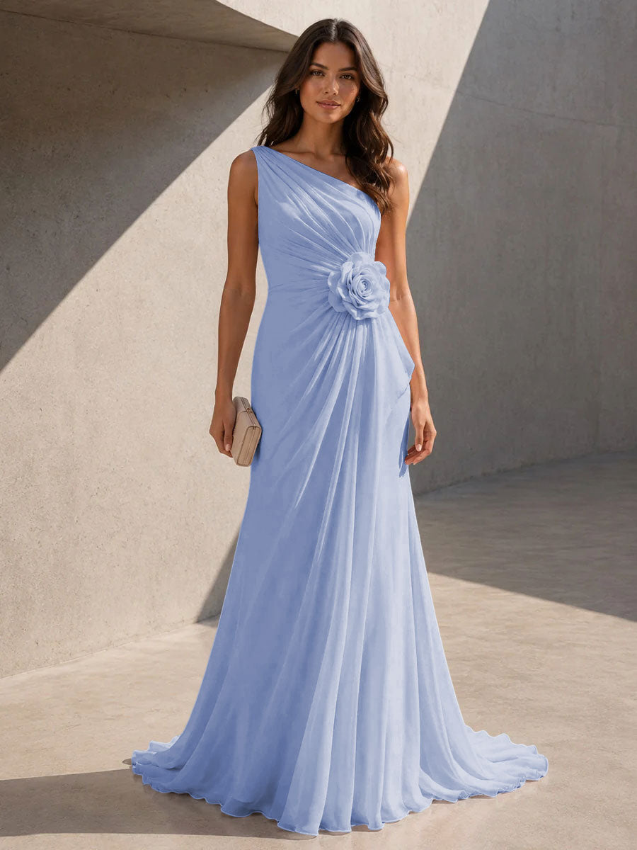 Chiffon A Line One Shoulder 3D Flowers Ruched Formal Dresses for Women