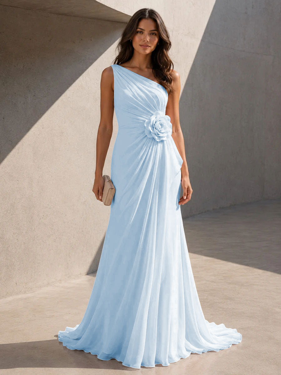 Chiffon A Line One Shoulder 3D Flowers Ruched Formal Dresses for Women