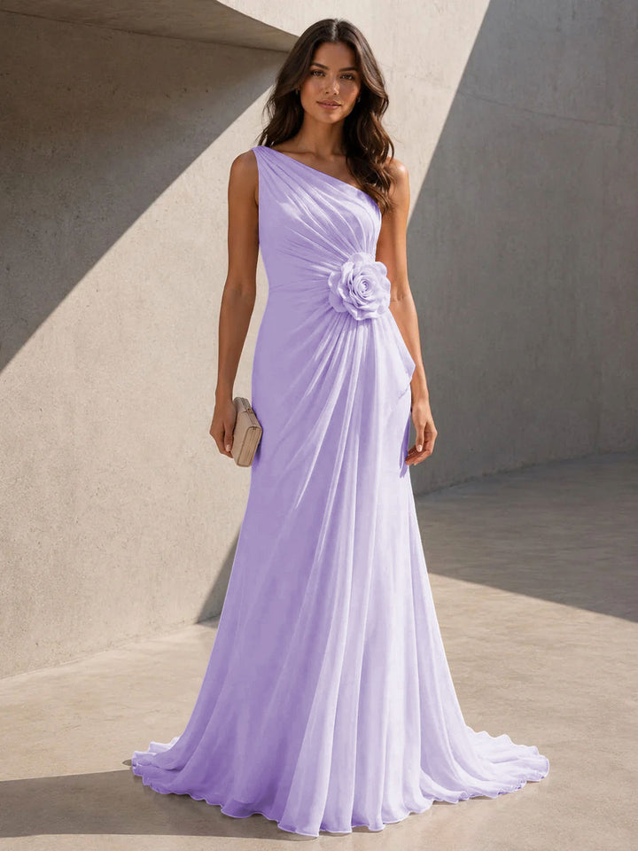 Chiffon A Line One Shoulder 3D Flowers Ruched Formal Dresses for Women