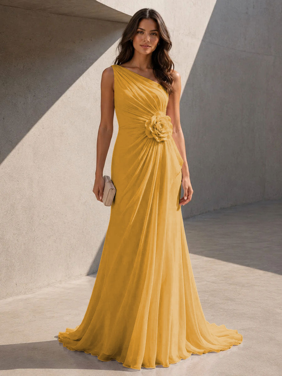 Chiffon A Line One Shoulder 3D Flowers Ruched Formal Dresses for Women