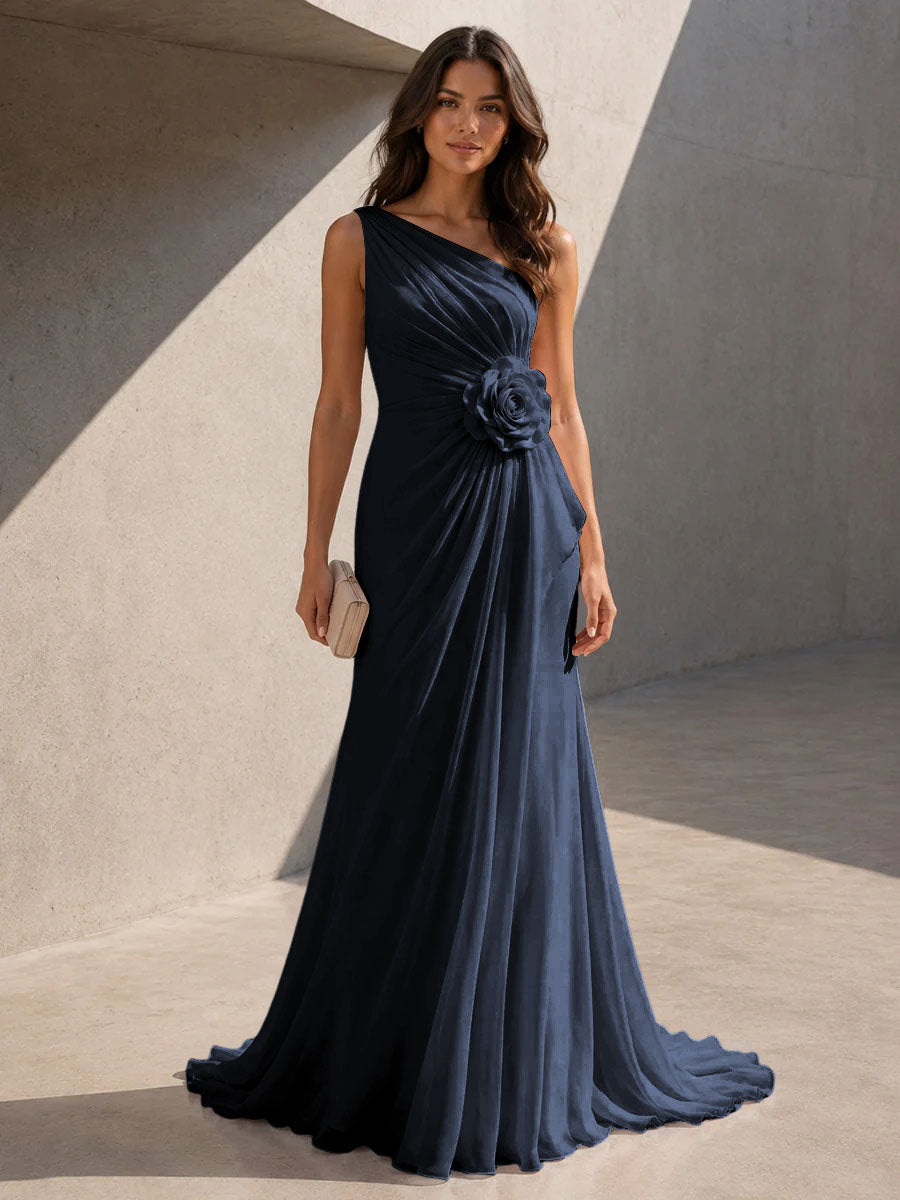 Chiffon A Line One Shoulder 3D Flowers Ruched Formal Dresses for Women