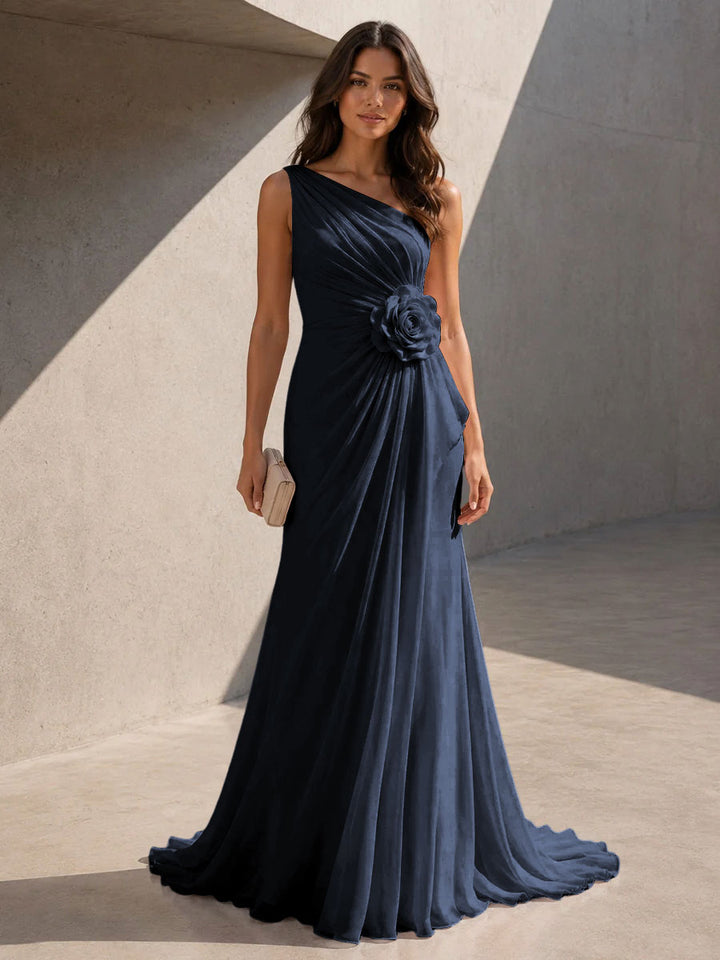Chiffon A Line One Shoulder 3D Flowers Ruched Formal Dresses for Women
