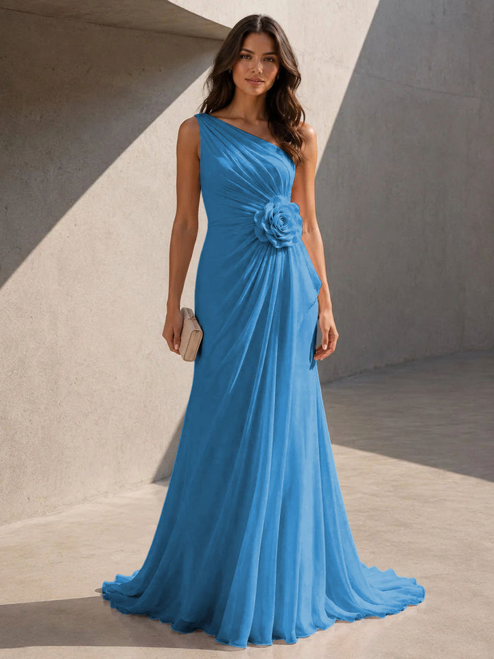 Chiffon A Line One Shoulder 3D Flowers Ruched Formal Dresses for Women