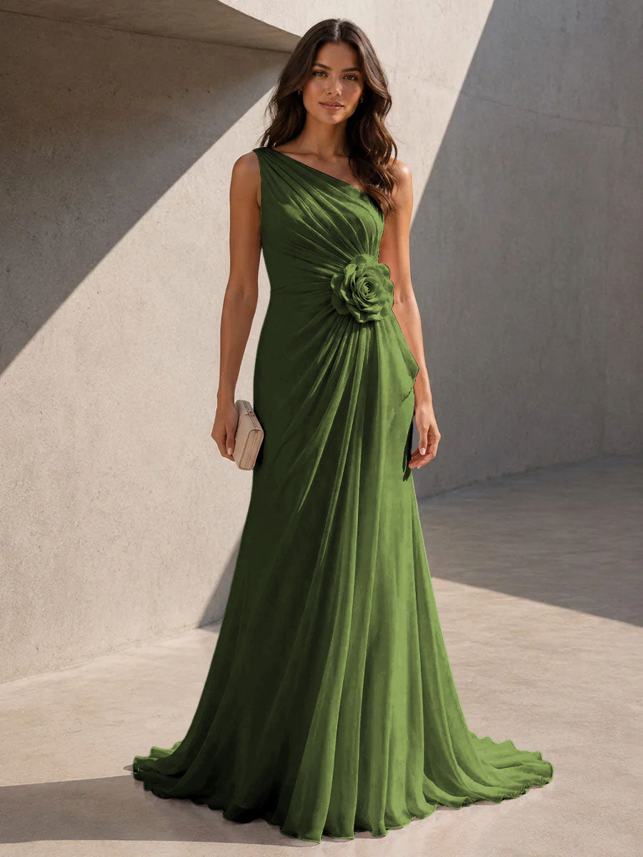 Chiffon A Line One Shoulder 3D Flowers Ruched Formal Dresses for Women