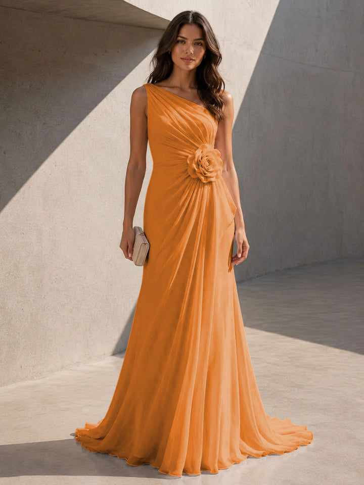 Chiffon A Line One Shoulder 3D Flowers Ruched Formal Dresses for Women