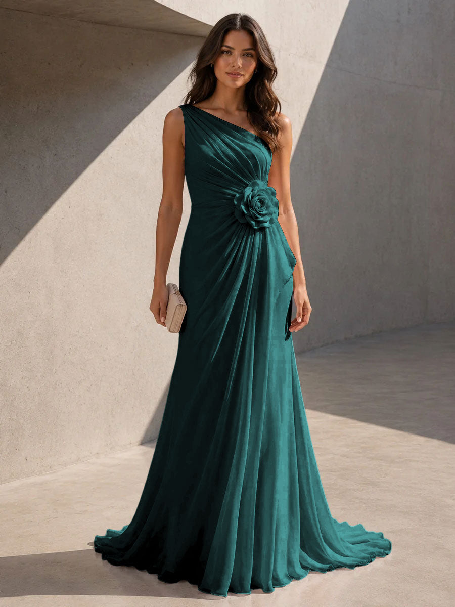 Chiffon A Line One Shoulder 3D Flowers Ruched Formal Dresses for Women