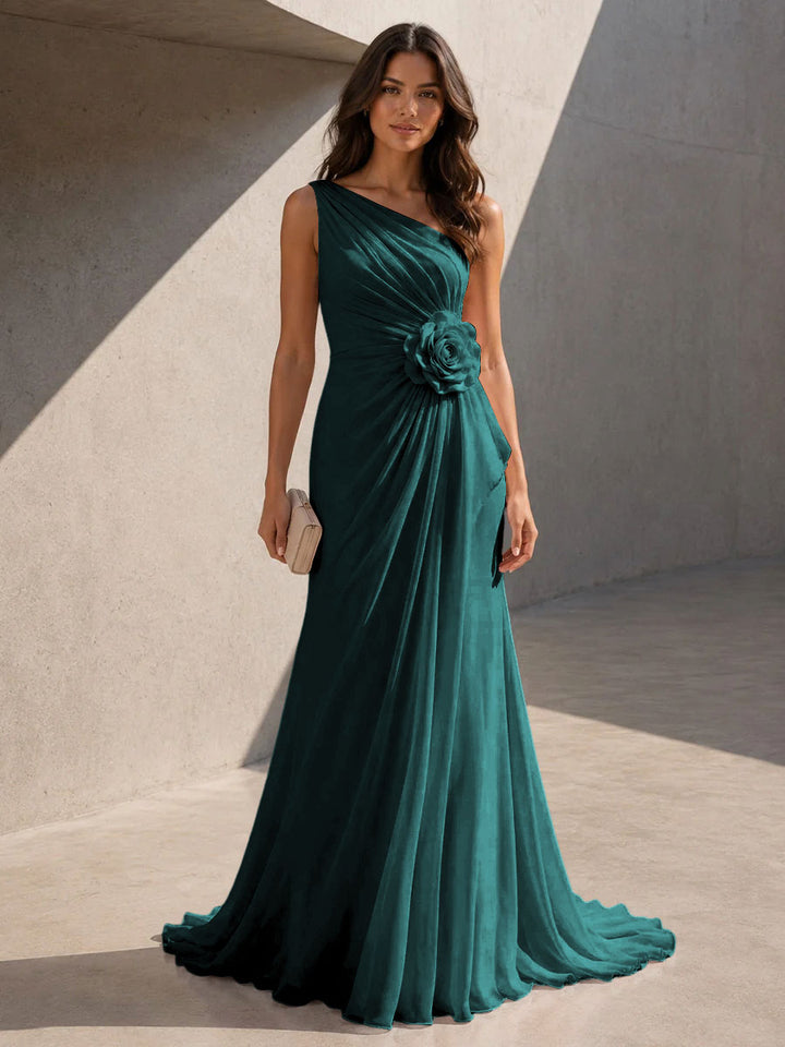 Chiffon A Line One Shoulder 3D Flowers Ruched Formal Dresses for Women