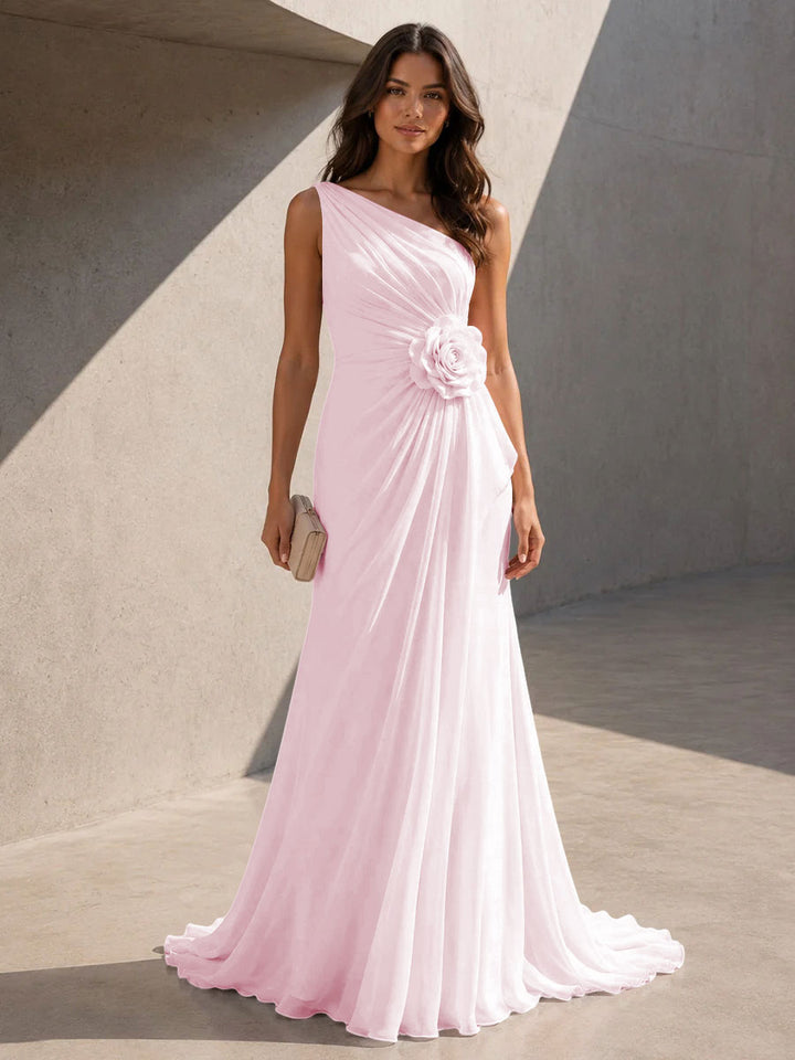 Chiffon A Line One Shoulder 3D Flowers Ruched Formal Dresses for Women