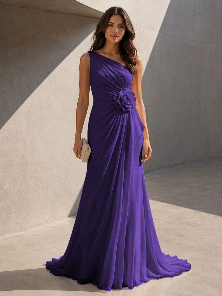 Chiffon A Line One Shoulder 3D Flowers Ruched Formal Dresses for Women