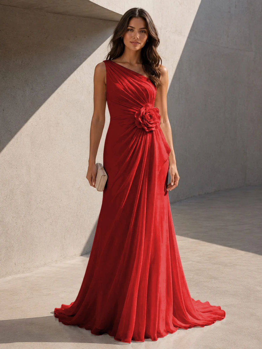 Chiffon A Line One Shoulder 3D Flowers Ruched Formal Dresses for Women