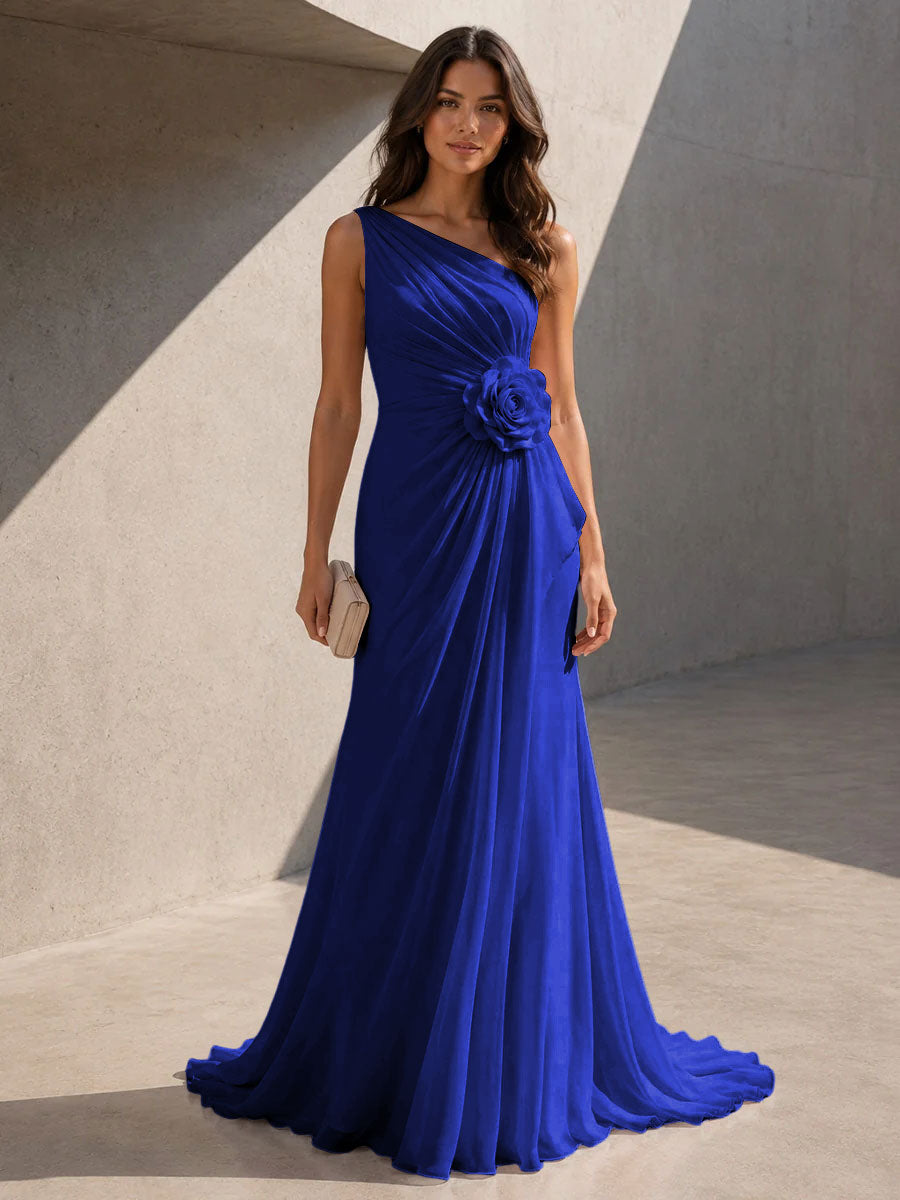 Chiffon A Line One Shoulder 3D Flowers Ruched Formal Dresses for Women