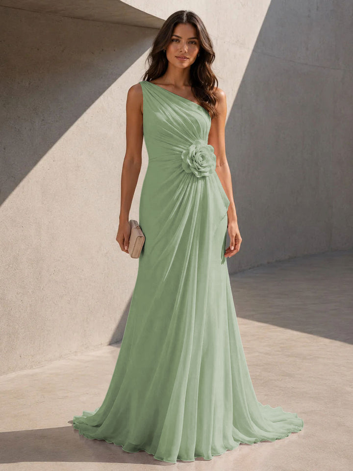 Chiffon A Line One Shoulder 3D Flowers Ruched Formal Dresses for Women