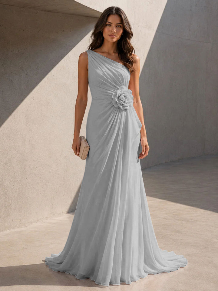 Chiffon A Line One Shoulder 3D Flowers Ruched Formal Dresses for Women