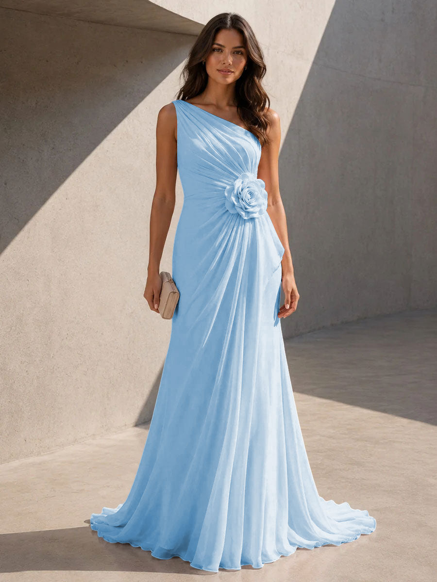 Chiffon A Line One Shoulder 3D Flowers Ruched Formal Dresses for Women
