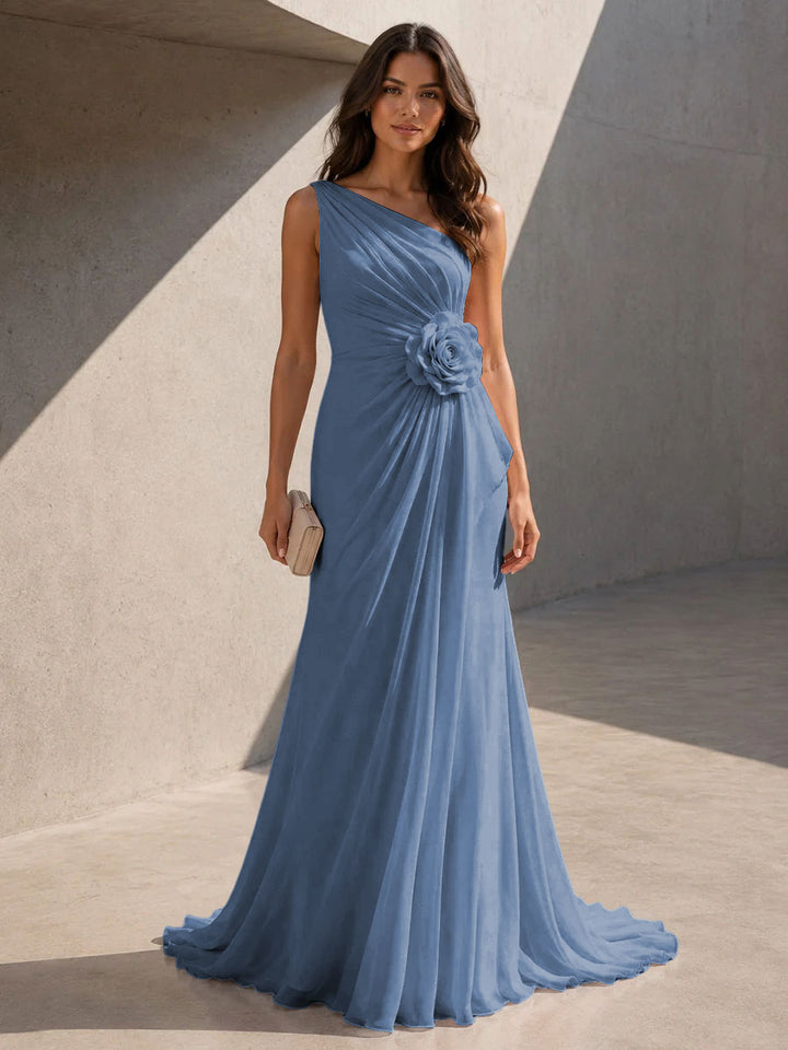 Chiffon A Line One Shoulder 3D Flowers Ruched Formal Dresses for Women