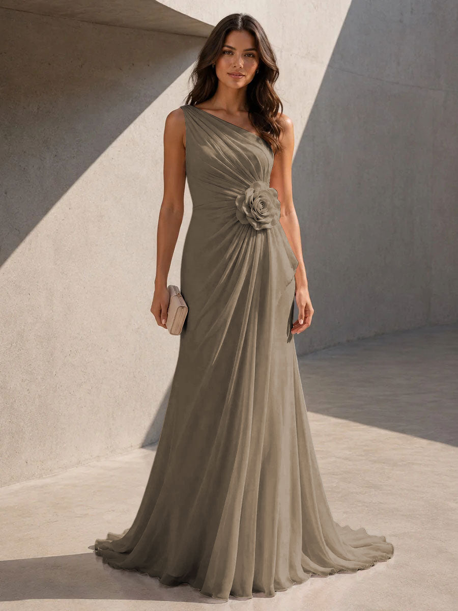 Chiffon A Line One Shoulder 3D Flowers Ruched Formal Dresses for Women