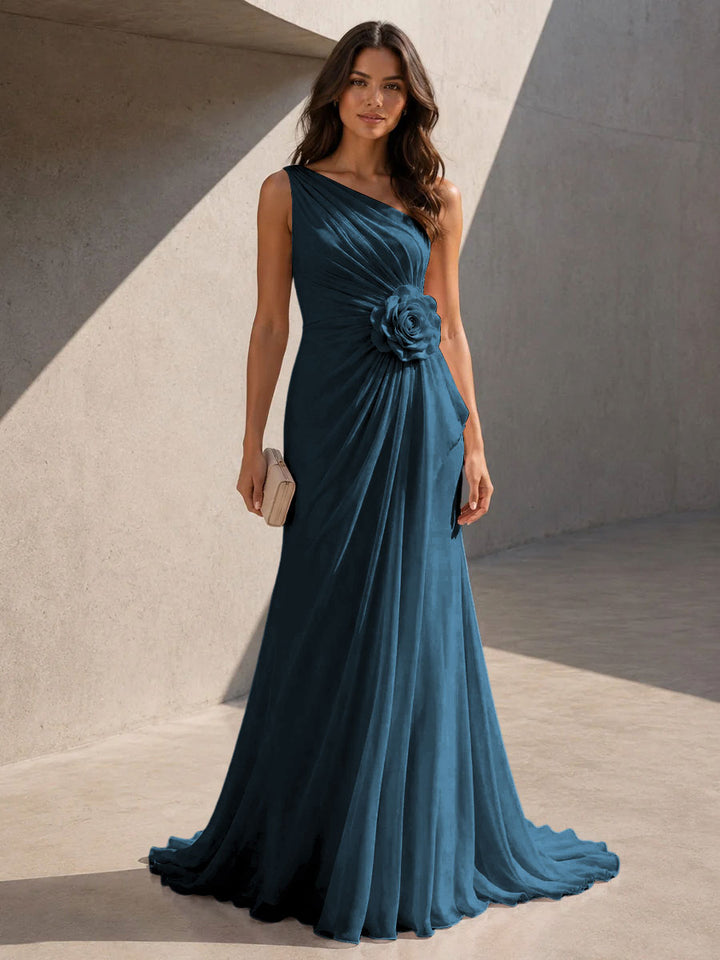 Chiffon A Line One Shoulder 3D Flowers Ruched Formal Dresses for Women