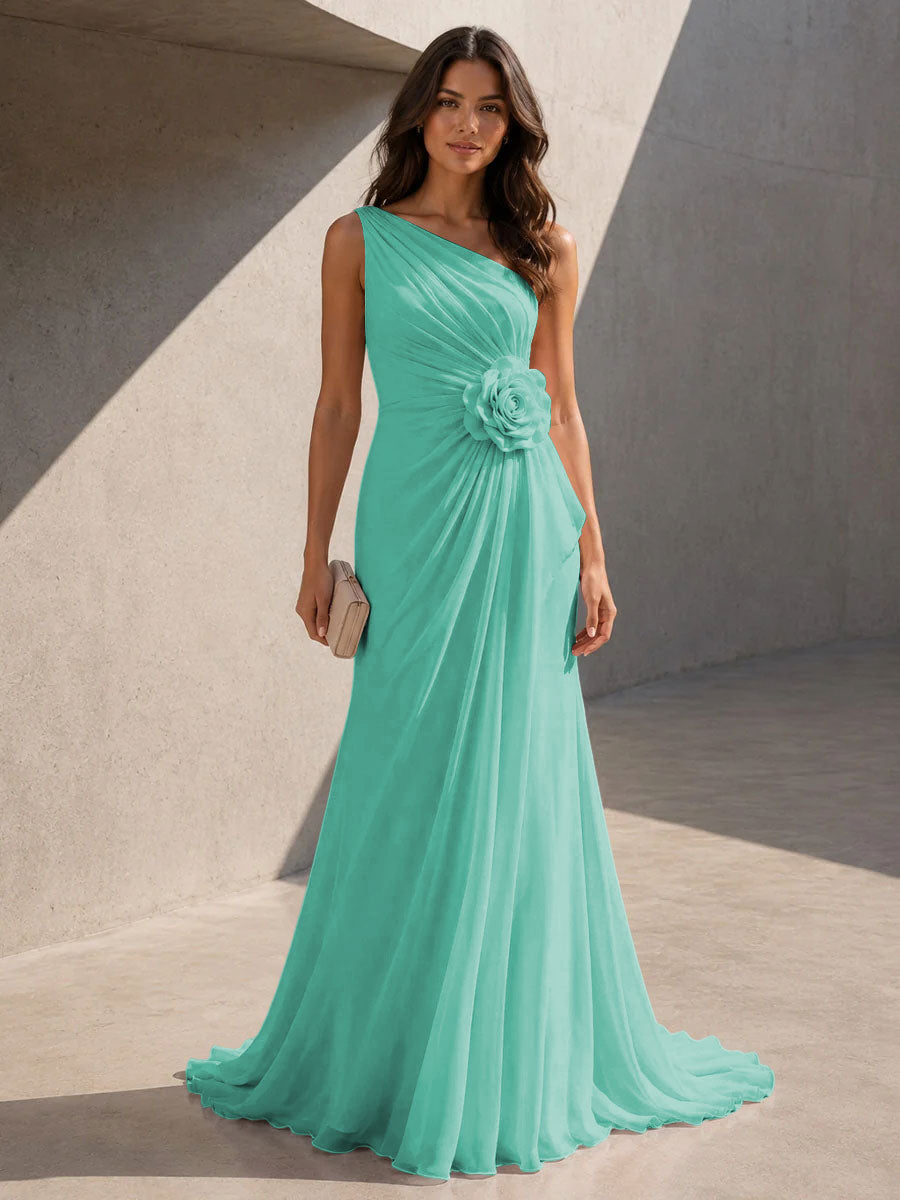 Chiffon A Line One Shoulder 3D Flowers Ruched Formal Dresses for Women