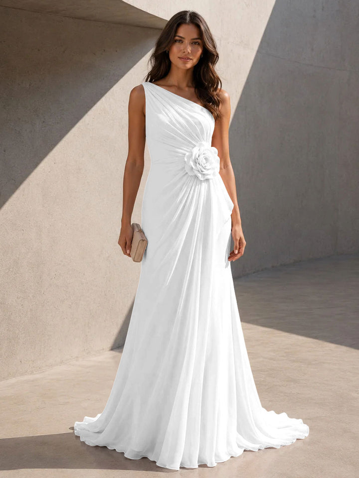 Chiffon A Line One Shoulder 3D Flowers Ruched Formal Dresses for Women