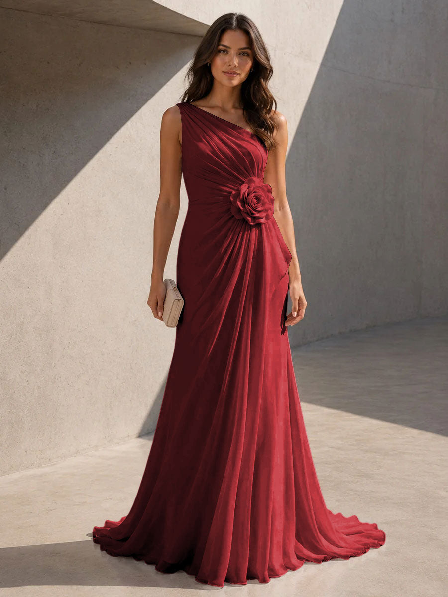 Chiffon A Line One Shoulder 3D Flowers Ruched Formal Dresses for Women