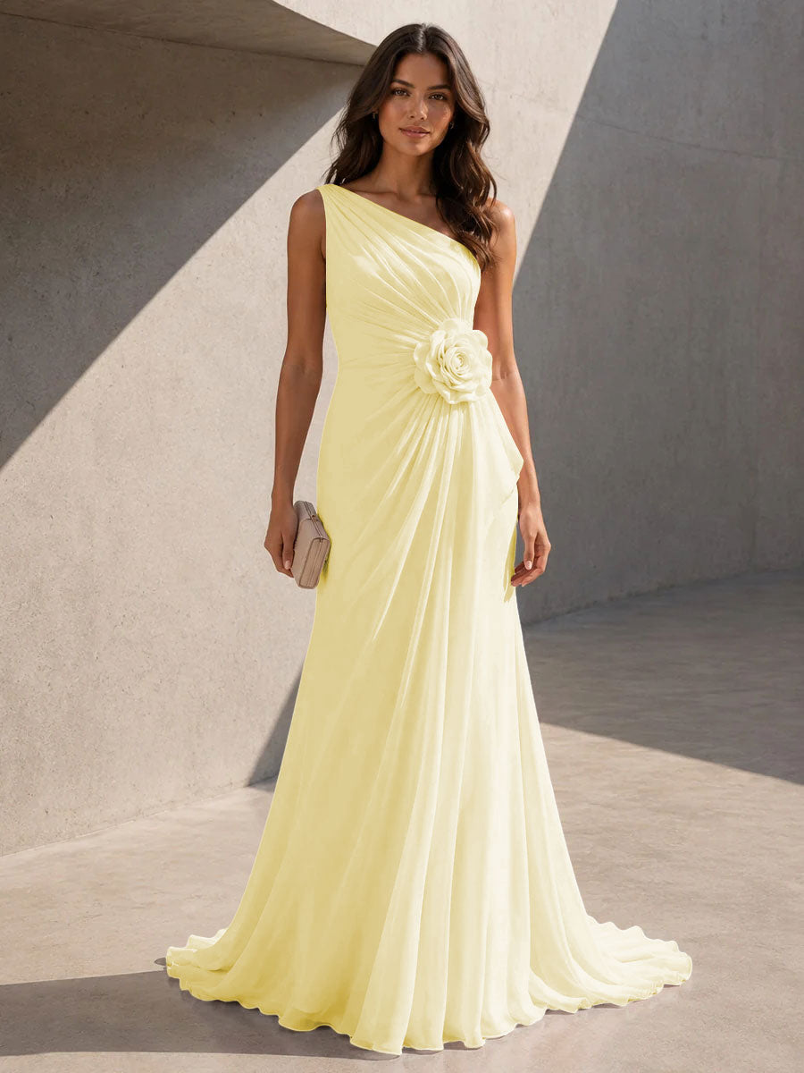 Chiffon A Line One Shoulder 3D Flowers Ruched Formal Dresses for Women
