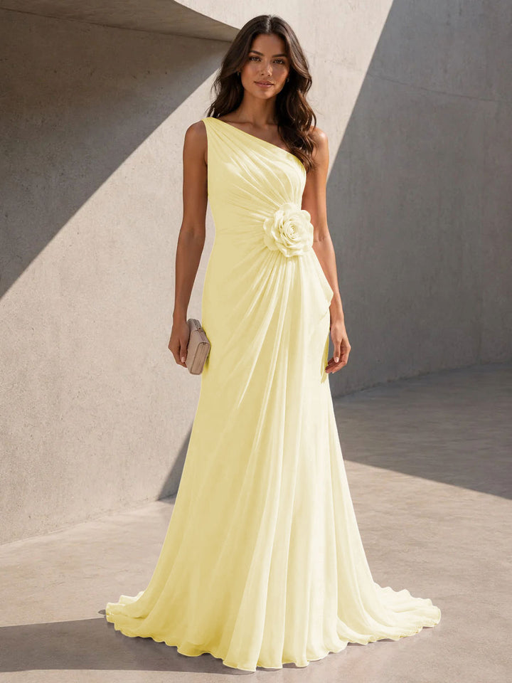 Chiffon A Line One Shoulder 3D Flowers Ruched Formal Dresses for Women