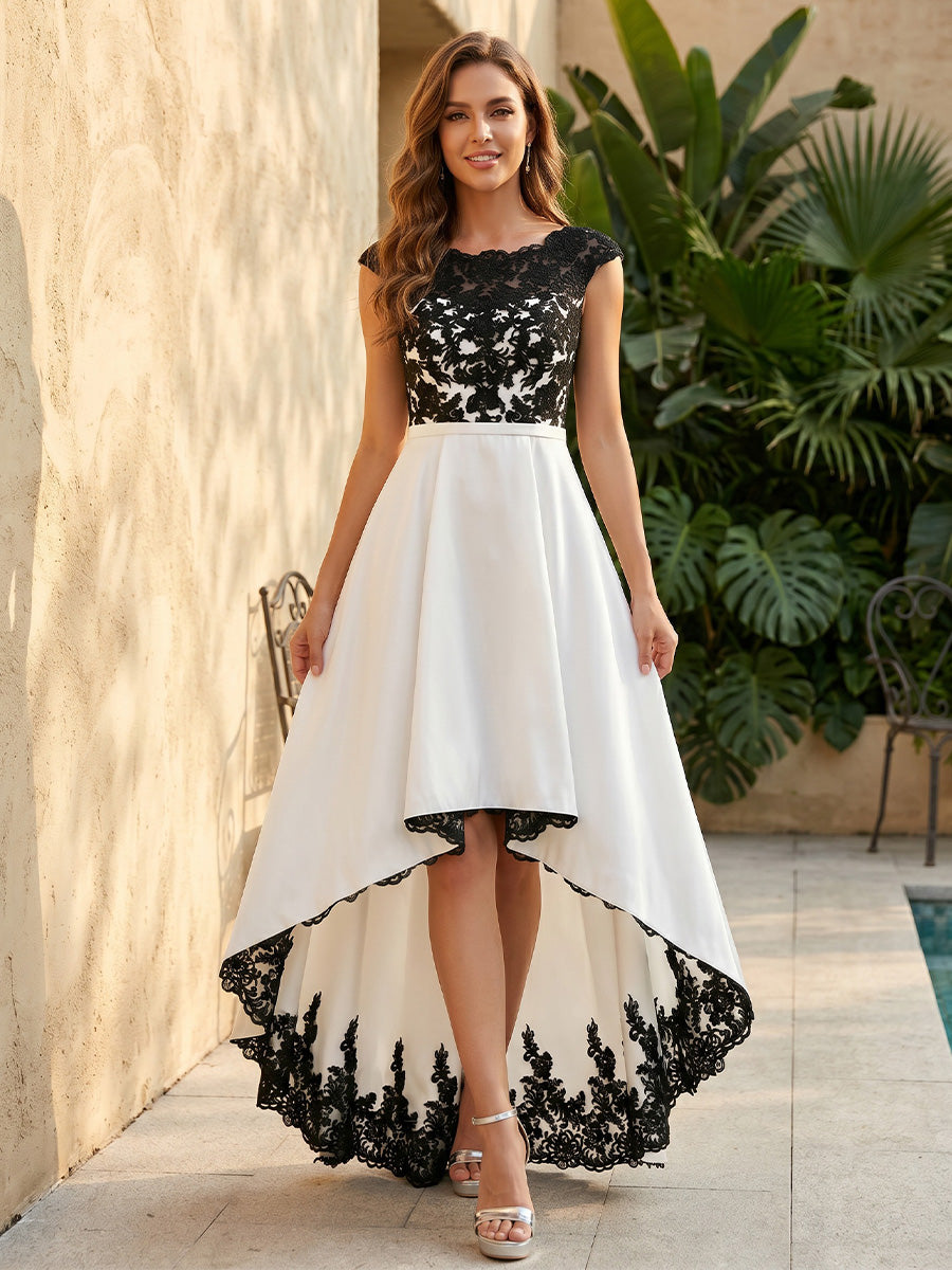 Satin A Line Scoop Neck Lace Appliques Ruched Formal Dresses