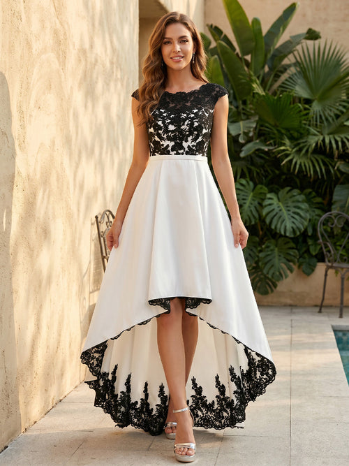 Satin A Line Scoop Neck Lace Appliques Ruched Formal Dresses