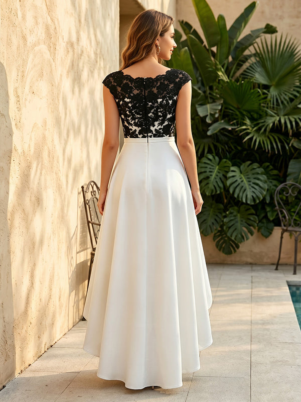 Satin A Line Scoop Neck Lace Appliques Ruched Formal Dresses
