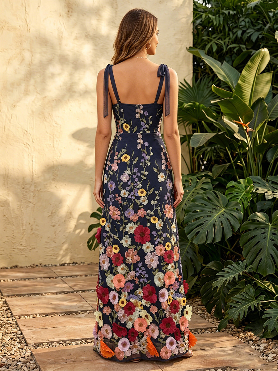 Tulle Mermaid Square Neck Floral Embroidery Spaghetti Straps Formal Dresses for Women