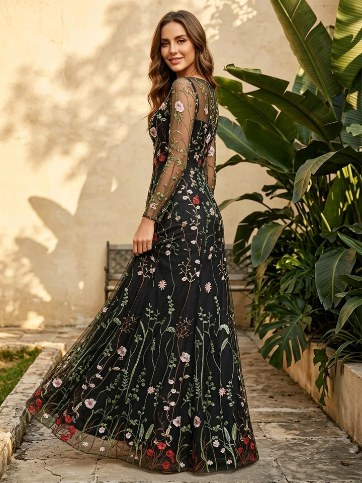 Tulle A Line Scoop Neck Ruched Floral Embroidery Formal Dresses for Women