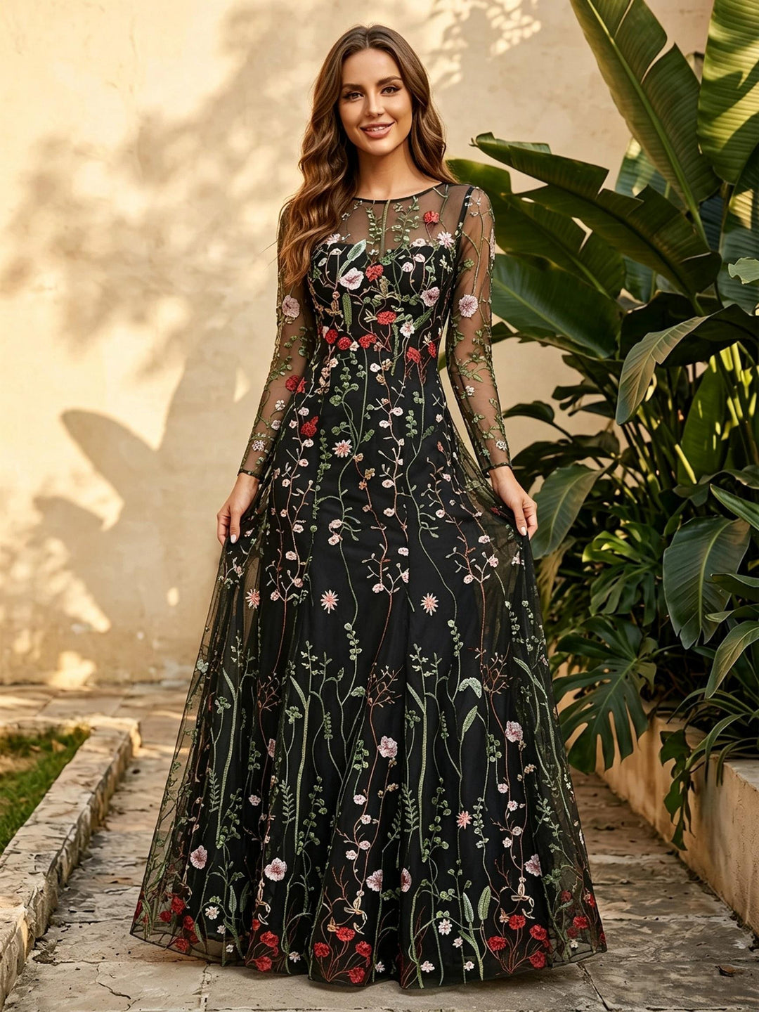Tulle A Line Scoop Neck Ruched Floral Embroidery Formal Dresses for Women
