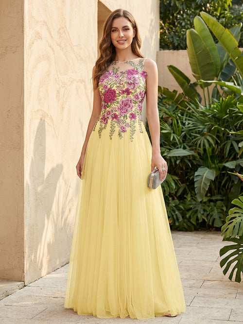 Tulle A Line Scoop Neck Floral Embroidery Ruched Formal Dresses for Women