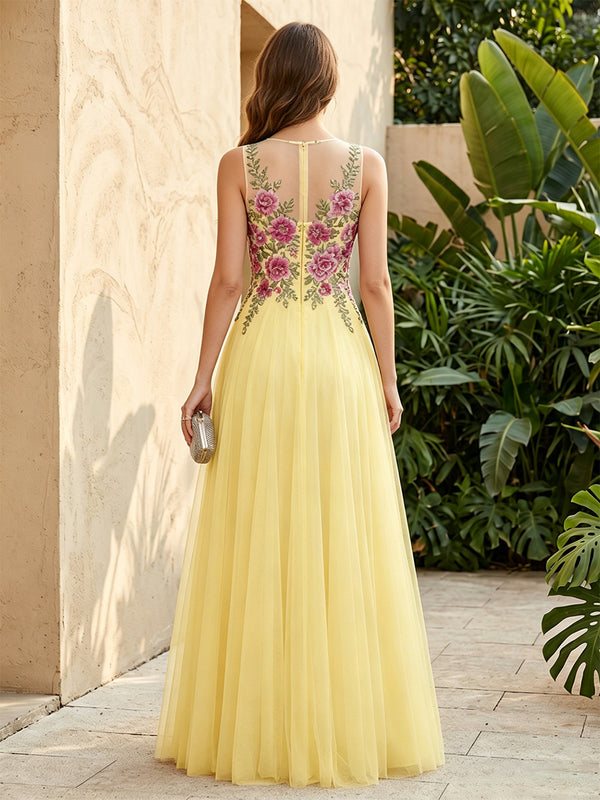 Tulle A Line Scoop Neck Floral Embroidery Ruched Formal Dresses for Women