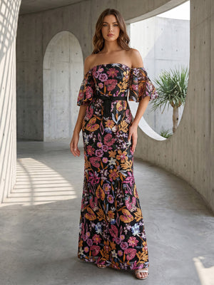 Tulle Mermaid Off the Shoulder Corset Floral Embroidery Formal Dresses for Women