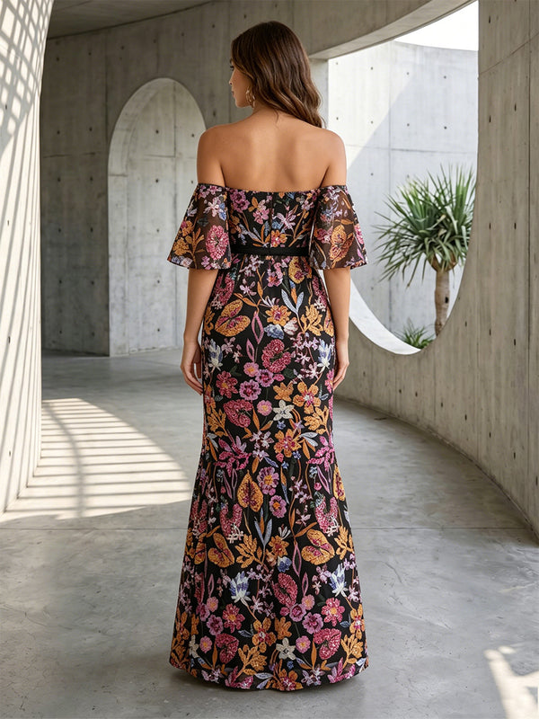 Tulle Mermaid Off the Shoulder Corset Floral Embroidery Formal Dresses for Women