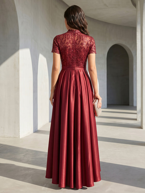 Satin A Line High Neck Lace Appliques Corset Formal Dresses for Women