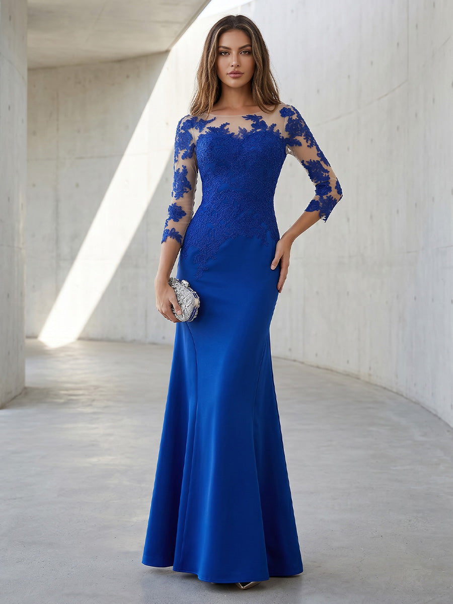 Satin Mermaid Scoop Neck Lace Appliques High Waist Formal Dresses