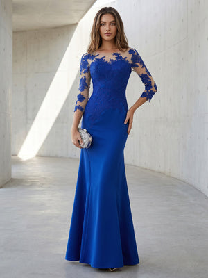 Satin Mermaid Scoop Neck Lace Appliques High Waist Formal Dresses