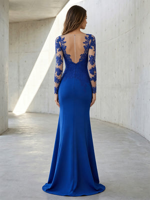 Satin Mermaid Scoop Neck Lace Appliques High Waist Formal Dresses